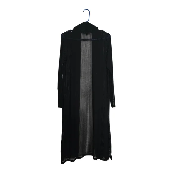 Long Open-Front Black Ribbed Cardigan - Picture 1 of 4